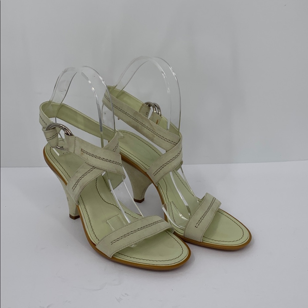 TODs strappy heel sandals light green suede pyramid heel ankle strap 37 7 - Picture 3 of 8